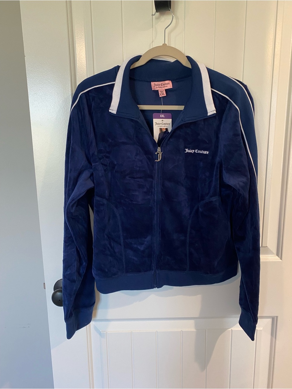 Juicy Couture Navy Velour Zip-Up Jacket with White Trim